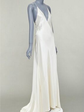 SAINT LAURENT 2022 Runway Bridal satin plunge open back bias cut gown FR38